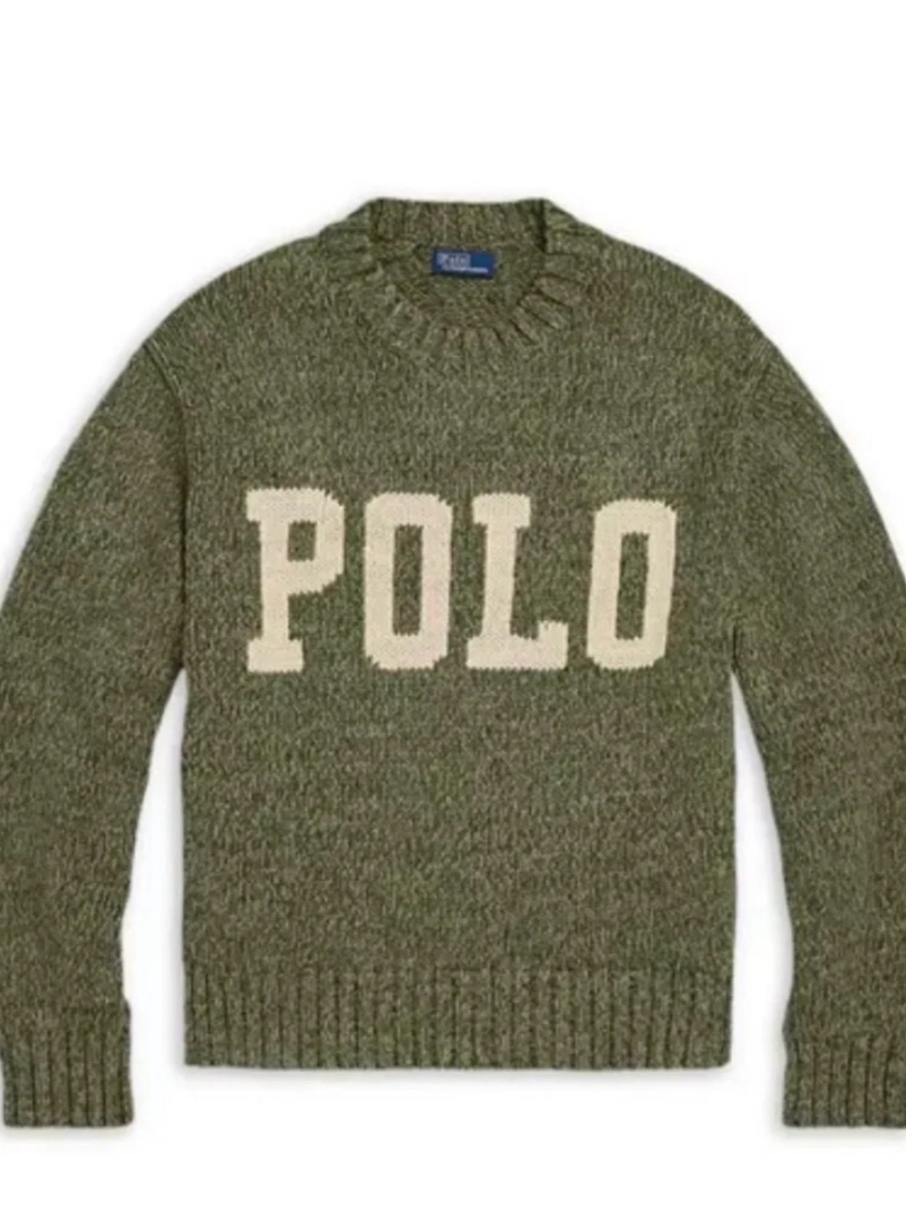 Polo by Ralph Lauren Olive Knit Crewneck Sweater with Cream Logo - Picture 4 of 5